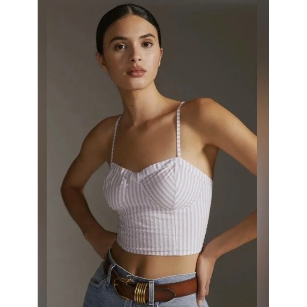 By Anthropologie Bustier Cropped Tank Top Purple White Stripe Cotton Size Medium
